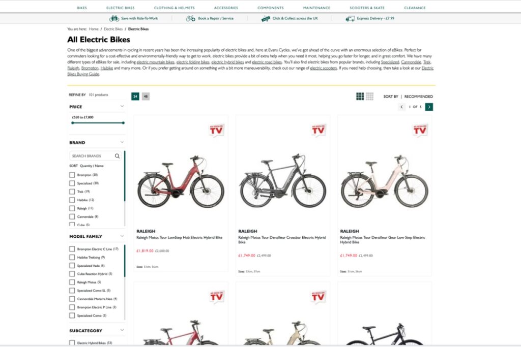 Evans Cycles electric bike page